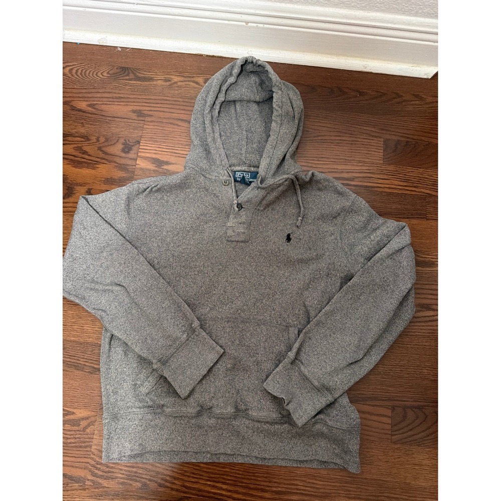 Vintage 90's Polo Ralph Lauren Mens Grey Knit Henley Hoodie Sweatshirt Pony M